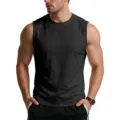 Men's black sleeveless crewneck tank top detail showcasing soft cotton fabric and athletic fit. - M / Tops / Black