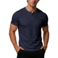 Men's short sleeve Henley t-shirt, casual solid color slim fit basic summer top detail view. - Sapphire Blue