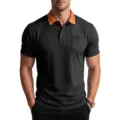 Close-up detail of the textured short sleeve polo shirt with contrast orange collar and pocket. - S / Tops / Black
