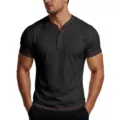 Men's black short sleeve Henley shirt with contrast red stitching casual slim fit summer top - M / Tops / Black