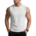Close-up details of the men's solid white sleeveless gym tank top, breathable fabric texture. - M / Tops / White