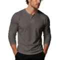 Men's solid color long sleeve Henley shirt with button V-neck, comfortable casual cotton top. - M / Tops / Gray