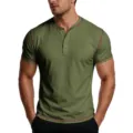 Detailed view of the army green short sleeve Henley shirt with contrast red stitching. - Army Green