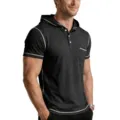 Men casual short sleeve hooded polo shirt featuring contrast stitching and chest pocket detail. - S / Tops / Black