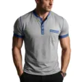 Detailed view of men's colorblock henley short sleeve t-shirt, casual summer wear. - S / Tops / Light Gray