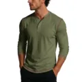 Men's long sleeve henley t-shirt casual olive green top with contrast stitching design - Army Green