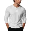 Men's solid color long sleeve Henley t-shirt casual V-neck comfortable cotton base top - M / Tops / White