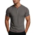 Men's Short Sleeve Henley T-Shirt Dark Grey Slim Fit Contrast Stitching Casual Top - M / Tops / Gray