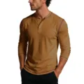 Detail shot of a casual men's long sleeve Henley shirt featuring contrast stitching and button placket. - Khaki