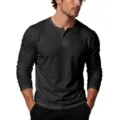 Men's solid color long sleeve Henley shirt casual V-neck cotton base layer top daily wear apparel - M / Tops / Black