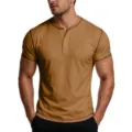 Men's retro brown short sleeve Henley shirt with contrast stitching, slim fit cotton top. - M / Tops / Khaki