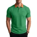 Close-up detail of the contrast collar and pocket on the green short sleeve polo shirt for men. - S / Tops / Green