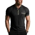 Men's summer casual Henley short sleeve slim fit t-shirt with pocket in dark grey. - Black