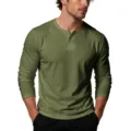 Detail shot of the olive green buttoned Henley shirt collar, long sleeves, and textured fabric. - M / Tops / Army Green