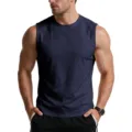 Detailed view of a mens dark blue solid sleeveless crew neck cotton tank top for summer wear. - Sapphire Blue