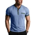 Men's summer short sleeve Henley t-shirt casual slim fit muscle tee with contrast pocket. - Light Blue