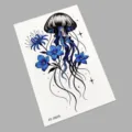 Quallen blaue Blumen Tattoo Aufkleber, künstlerisches wasserdichtes temporäres Design. - K0-26029 (Qualle & Blumen)