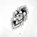 Detaillierte Nahaufnahme des schwarz-weißen floralen Mandala temporären Tattoo Aufklebers für Kunst. - Floral Geometrischer Stil (K5151)