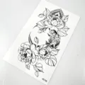 Temporary tattoo sticker detail shot featuring black and white floral line art and design. - Peony Geometric Style (K5158)