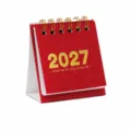 Mini 2027 Tischkalender in Kirschrot, kompakter Retro Tagesplaner und Notizblock. - Kirschrot