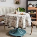 Tovaglia rotonda stampata in cotone e lino stile country americano retro con nappine decorative - Peonia Nera Nappa Nera / Diametro 90CM