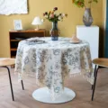 Tovaglia rotonda vintage in cotone e lino con nappe per la decorazione della tavola da pranzo. - Peonia Nera Nappa Beige / Diametro 90CM