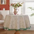 Tovaglia rotonda con stampa floreale e nappe verdi, tessuto in cotone e lino, stile rustico. - Gardenia Nappa Verde / Diametro 90CM
