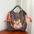 Grand cabas élégant en toile grise avec broderie mignonne de corgi et bretelles orange - Grand Sans Sangle / Corgi Gris Foncé