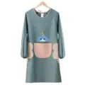 Long-sleeved waterproof kitchen apron, cute cartoon smock with hand-wipe fleece and pockets. - Lake Blue