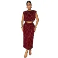 Burgundy polka dot sleeveless crop top and midi pencil skirt two-piece outfit style. - S / Top And Bottom / Burgundy
