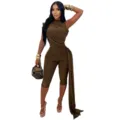 Damen ärmelloser geraffter Jumpsuit schmale Passform drapierte Schärpe Party elegante Mode - S / Kaffee