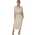 Elegant polka dot sleeveless crop top and midi skirt two-piece outfit for women fashion. - Apricot