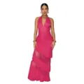 Fuchsia halterneck ärmelloses Maxikleid, gestufte Rüschen und transparenter Mesh-Einsatz. - S / Kleid (C7868) / Rosa