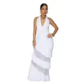 Stunning white halter neck tiered maxi dress detail, sleeveless design with sheer mesh panels. - White
