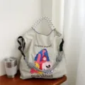 Grand sac cabas en toile avec broderie artistique, sac bandoulière décontracté pour femme. - Grand Sans Sangle / Étreinte Gris Clair