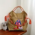 Grand sac cabas épaule en toile avec broderie de personnages créatifs, fourre-tout. - Grand Sans Sangle / Étreinte Kaki