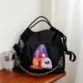 Grand sac cabas fourre-tout noir en toile avec broderie artistique de femmes et sangle élégante. - Grand Sans Sangle / Étreinte Noire