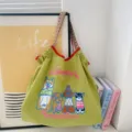 Canvas shopper tas met schattige hondenborduurwerk, casual schoudertas voor dagelijks. - Honden Borduurwerk Groen