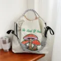 Grand sac cabas brodé en toile sac à épaule décontracté sac à main de banlieue élégant - Grand Sans Sangle / Champignon Gris Clair