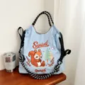 Grand sac cabas brodé en toile pour femme sac bandoulière décontracté minimaliste grand format - Grand Sans Sangle / Écureuil Bleu Clair