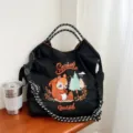 Grand sac cabas noir en toile avec broderie écureuil mignonne, sac bandoulière décontracté. - Grand Sans Sangle / Écureuil Noir