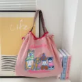 Cute embroidered canvas tote bag, casual shoulder bag with funny dog patterns for daily use. - Dog Embroidery Pink