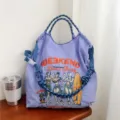 Grand sac cabas en toile mauve avec sangle en cordage bleu et détail brodé danseuse. - Grand Sans Sangle / Spicy Girl Violet