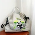 Grand sac cabas en toile sac d'épaule décontracté avec jolie broderie de panda. - Grand Sans Sangle / Panda Gris Clair