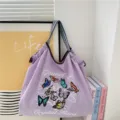 Cute butterfly embroidery canvas tote bag, casual shoulder bag for daily commuting shopping. - Butterfly Purple