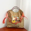 Grote geborduurde stoffen shopper tas casual schoudertas stijlvolle handtas voor dames - Groot Zonder Band / Kaki Bloemen Kader