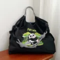 Grand sac shopping en toile brodé panda noir avec poignées tressées élégantes noir et blanc. - Grand Sans Sangle / Panda Noir