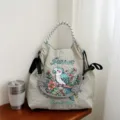 Grand sac a epaule en toile decontracte brode design perroquet sac fourre-tout chic - Grand Sans Sangle / Perroquet Gris Clair