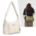 Korean style fashion pleated messenger shoulder bag with large capacity and grid canvas. - No Pendant / Beige