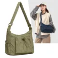Korean style canvas crossbody bag, casual grid shoulder bag with large capacity and drawstring. - No Pendant / Green